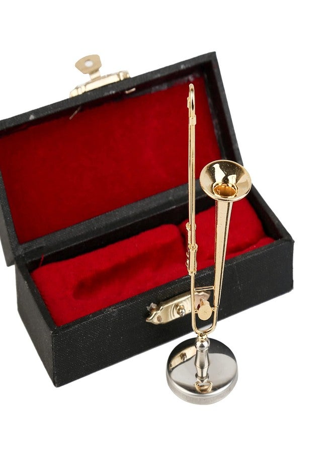 Dselvgvu Miniature Trombone with Stand and Case Brass Mini Musical Instrument Trombone Replica Collectible Figurines Dollhouse Accessories Model Home Decoration Display Ornament (3.46"x0.75") - Image 4